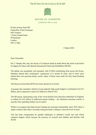 Letter to Chancellor on SEND in the Budget 1
