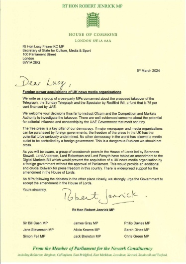 An image of the joint letter sent to the Secretary of State